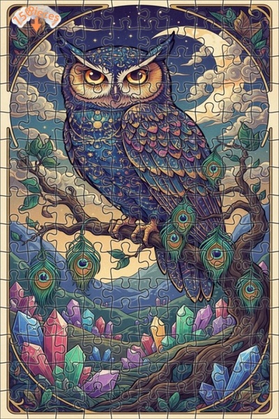 Teona Ahşap Mysterious Crystal Forest Owl Oil Painting Look Double-Deck Frame...