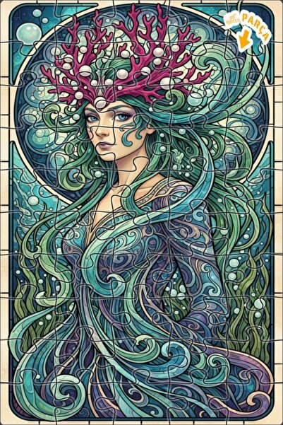 Teona Ahşap لوحة فنية على شكل حورية البحر بمظهر زجاجي، لغز خشبي بإطار مزدوج ا...