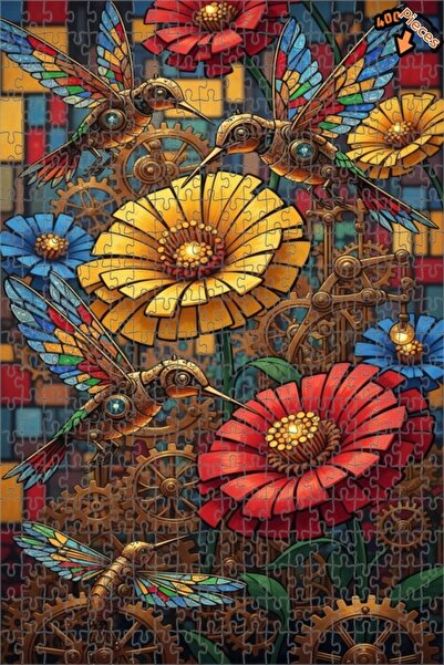 Teona Ahşap لغز خشبي ملون بتصميم طائر الطنان الميكانيكي مع زهور وألوان زيتية،...