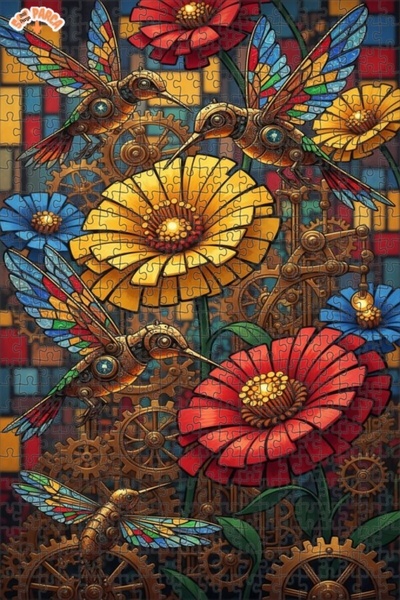 Teona Ahşap لغز خشبي ملون على شكل طيور الطنان مع زهور ورسم زيتي بإطار مزدوج ا...