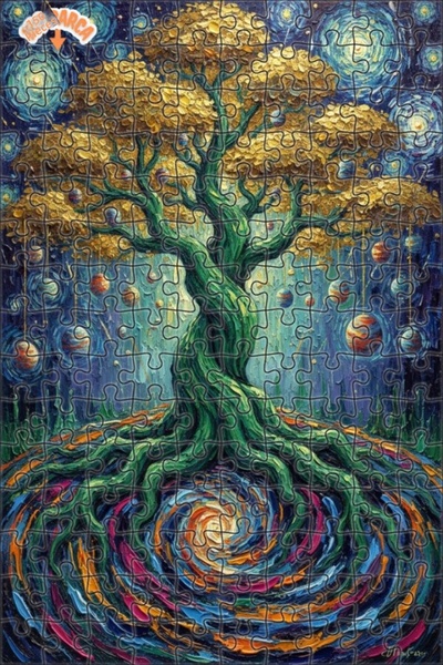 Teona Ahşap لغز خشبي بإطار مزدوج الطبقات بتصميم شجرة الحياة مع أوراق ذهبية، ي...