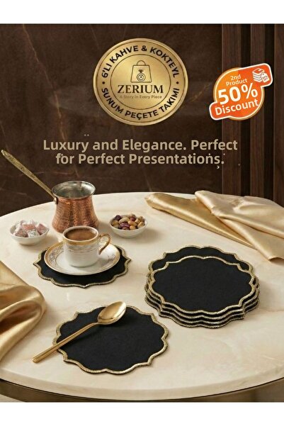 ZERİUM Premium 6-Pack Cocktail and Coffee Underlay Napkins Black Gold Series