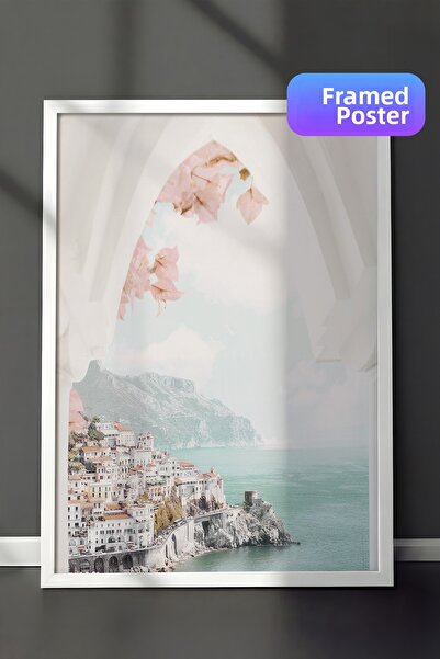 Postifull Tablou înrămat cu arc Amalfi, cadru alb și poster, pictură vertical...