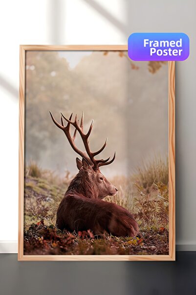 Postifull Pictură înrămată cu cerb roșu, cadru din lemn și poster, pictură ve...