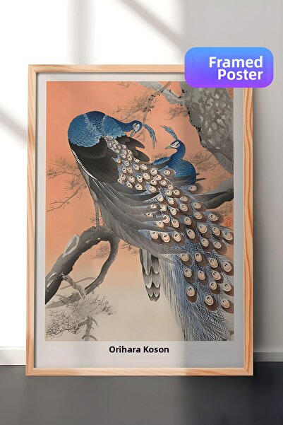 Postifull Tablou cu ramă din lemn, Ohara Koson - Two Peacocks Tree Branch Com...