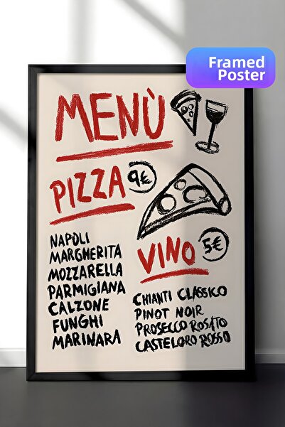Postifull Tablou cu rama neagra, set de postere si rame, Pizza Vino Menu Comf...