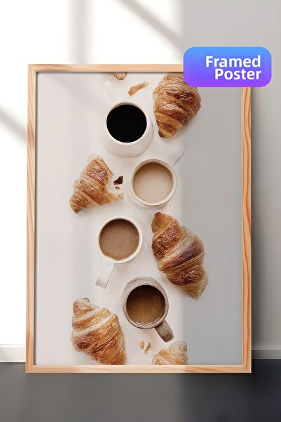 Postifull Pictură înrămată cu cafea și croissanturi, pictură orizontală pe pe...