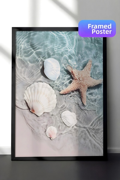 Postifull Εικόνα με κορνίζα με ιππόκαμπο και κοχύλια, Κάθετη ζωγραφική τοίχου...