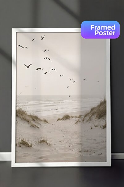 Postifull Pictură înrămată cu păsări pe plajă, cadru alb și poster, pictură d...