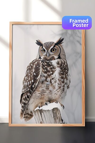 Postifull Pictură de Anul Nou cu bufniță în căderi de zăpadă, cadru din lemn ...