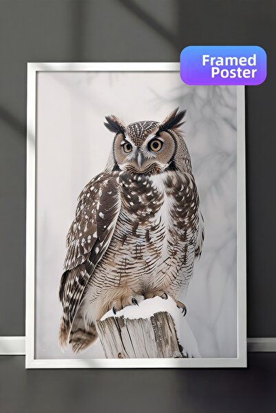 Postifull Pictură de Anul Nou cu bufniță în căderi de zăpadă, cadru alb și po...