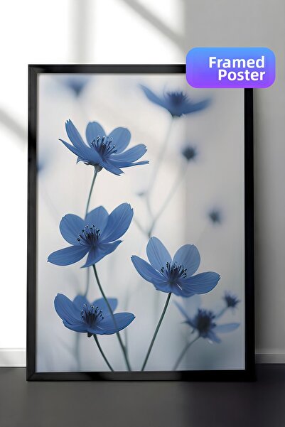 Postifull Pictură înrămată cu flori Blue Cosmos, cadru negru și poster, pictu...
