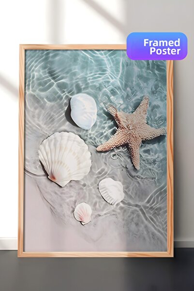 Postifull Tablou înrămat cu stele de mare și scoici, pictură verticală pe per...