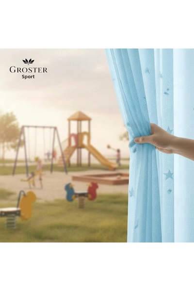 GROSTER SPOR Blue Star Children's Room Tulle - 1/3 Pleated - Baby Room Curtain - Tulle - Curtain - a Quality ++