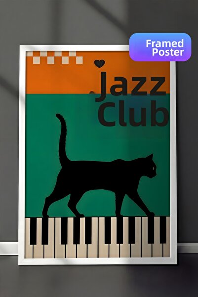 Postifull لوحة مؤطرة باللون الأبيض، The Black Cat Jazz Club - 1، لوحة حائط لل...