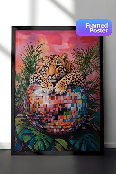 Postifull Pictură cu cadru negru, Leopard pe discoteca, Pictură de perete pen...