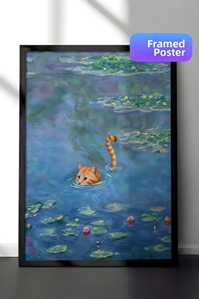 Postifull Black Framed Painting, Cat Print Monet Waterlily - 1, Comfort Serie...