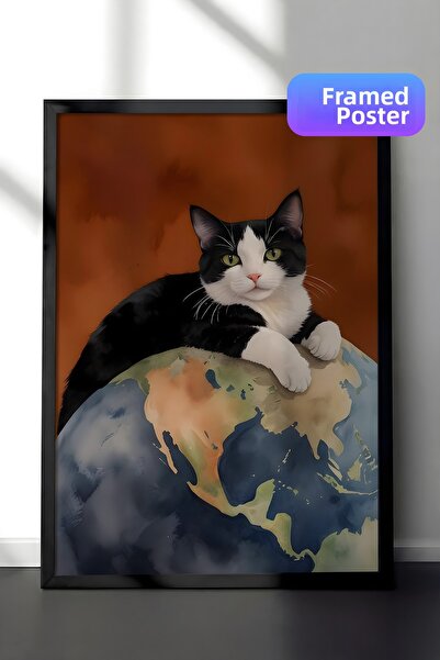 Postifull Tablou cu cadru negru, Black Cat on World, Tablou de perete pentru ...