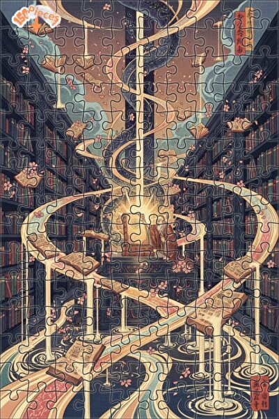 Teona Ahşap Mysterious Library Oil Painting Look Double Layer Framed Wooden P...