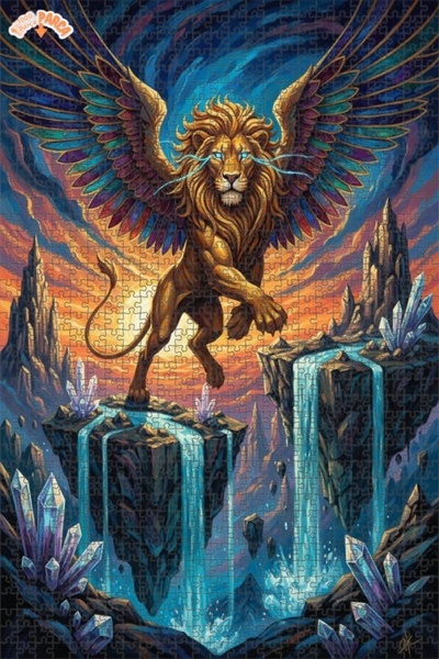 Teona Ahşap لغز خشبي بإطار على شكل شلال كريستالي على شكل أسد مجنح مكون من طاب...