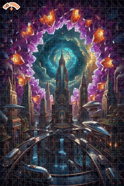 Teona Ahşap Futuristic Journey in Crystal City Oil Painting Double-Decker Fra...