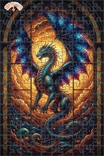 Teona Ahşap لغز خشبي مؤطر بطبقتين من فن الزجاج الملون على شكل تنين سحري 150 ق...