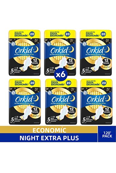 Orkid عبوة فوط صحية نسائية ألترا نايت إكسترا بلس مقاس 5 (20 قطعة) × 6 عبوات
