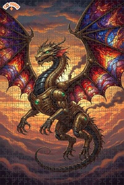 Teona Ahşap Mechanical Dragon Oil Painting Look Double Layer Framed Wooden Pu...
