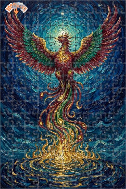 Teona Ahşap Flaming Emerald Winged Phoenix Oil Painting Look Art Wooden Puzzl...