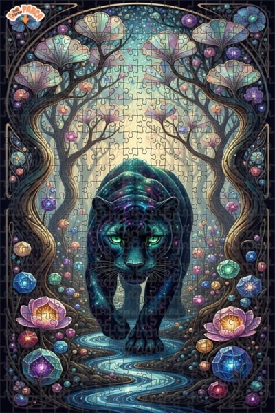 Teona Ahşap Wandering through the Enchanted Forest Galaxy Panther Oil Paintin...