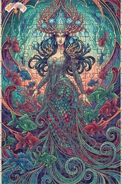 Teona Ahşap Mermaid Artwork Oil Painting Look Double Layer Framed Wooden Puzz...