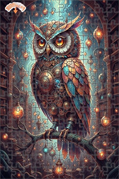 Teona Ahşap Steam Clock Owl Oil Painting Look Art Double-Deck Framed Wooden P...