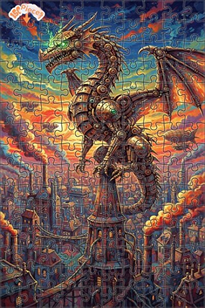 Teona Ahşap Mechanical Dragon Oil Painting Look Steampunk Double-Decker Frame...