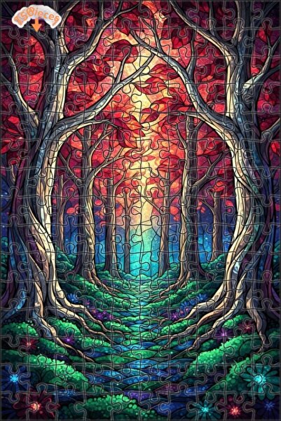 Teona Ahşap لغز خشبي بإطار مزدوج الطبقات من الزجاج الملون على شكل طريق الغابة...