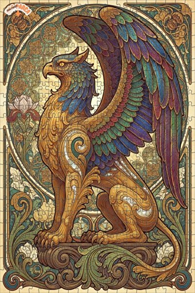 Teona Ahşap لوحة فنية من خشب الغريفين ذو الأجنحة الذهبية، لغز خشبي بإطار مزدو...