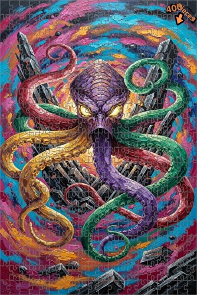 Teona Ahşap لغز خشبي بتصميم كراكن مخيف بمظهر الزيت الملون، 400 قطعة مع إطار م...