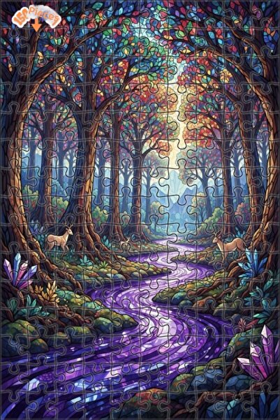 Teona Ahşap لغز خشبي مؤطر ذو طابقين بمظهر فسيفساء زجاجية لجبل الغابة السحرية ...