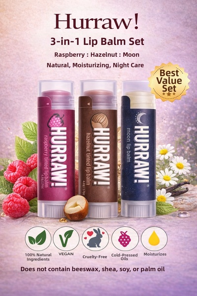 Hurraw مجموعة العناية بالشفاه ليلاً ونهارًا مكونة من 3 قطع: بلسم شفاه بالكرز ...