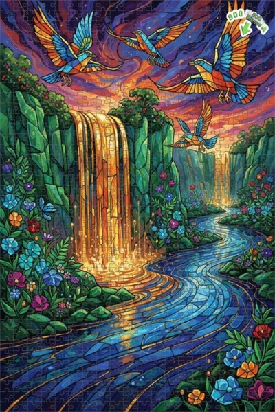 Teona Ahşap لغز خشبي بتصميم شلال الطيور السحرية مع زجاج ملون 800 قطعة 70×50