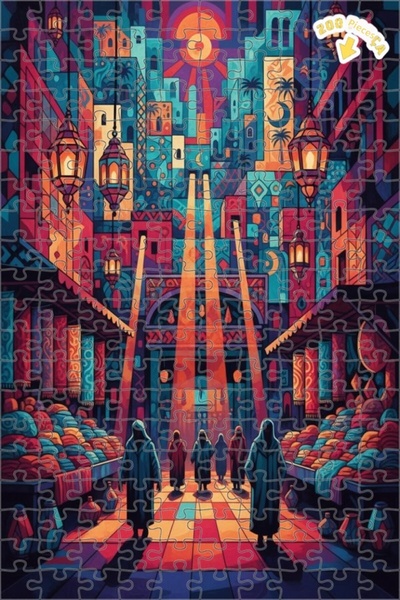 Teona Ahşap لغز خشبي مؤطر بطبقتين على شكل موزاييك بمظهر لوحة زيتية لسوق الشرق...