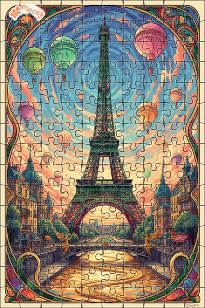 Teona Ahşap لغز خشبي مؤطر بطبقتين لمشهد منطاد الهواء الساخن في باريس بأسلوب آ...