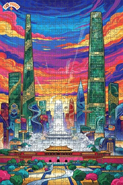 Teona Ahşap لغز خشبي مؤطر بطبقتين بمظهر لوحة زيتية لمنظر المدينة المستقبلية 5...