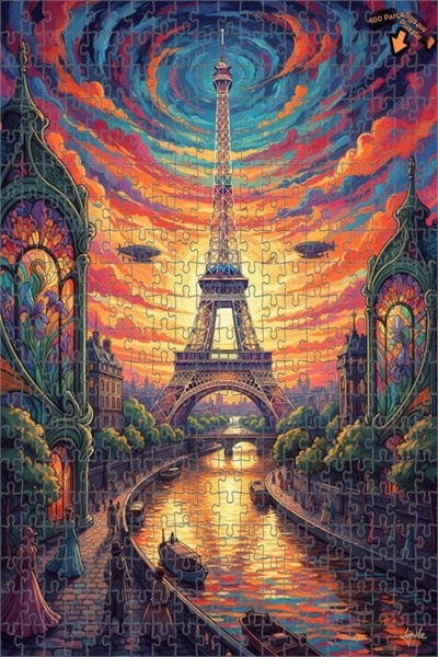 Teona Ahşap لوحة فنية لغروب الشمس في باريس، لوحة زيتية ذات مظهر خشبي بإطار مز...