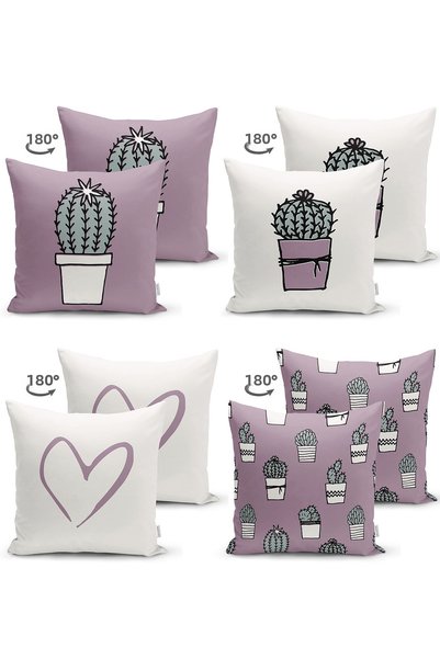 Realhomes 4-Piece Lilac & White Cactus Design Digital Printed Modern Throw Pillow Cover Set