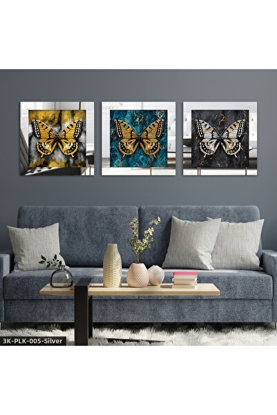 Evinemoda Butterflies 3 Piece Silver Plexi Mirrored Framed Painting