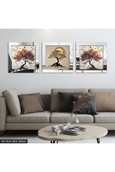 Evinemoda Red Leafed Tree and Moon 3 Piece Silver Plexi Mirrored Framed Painting