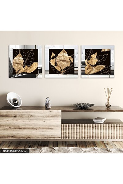 Evinemoda Gold Leaf 3 Piece Silver Plexi Mirrored Framed Painting
