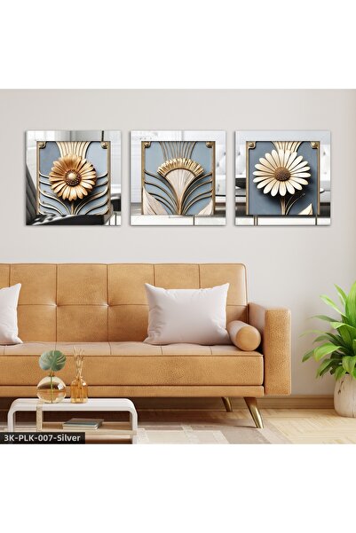 Evinemoda Gold Flower 3 Piece Silver Plexi Mirrored Framed Painting