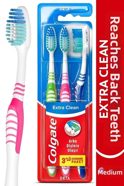 Colgate Extra Clean Tongue Cleaner, Medium Toothbrush for Reaching Back Teeth, Economical 3-Pack Oral Care