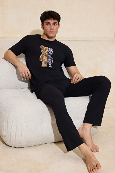 Trendyol Collection Black Regular Fit Cotton Short Sleeve Top Robot Printed P...